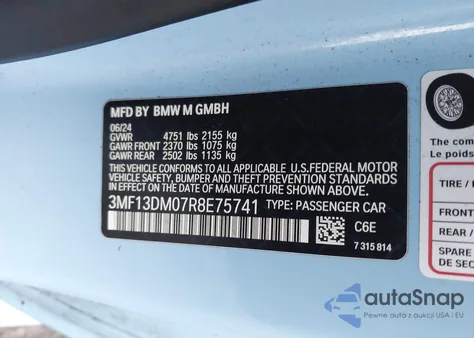 2024 BMW M2 z USA, uszkodzony, nr VIN 3MF13DM07R8E75741